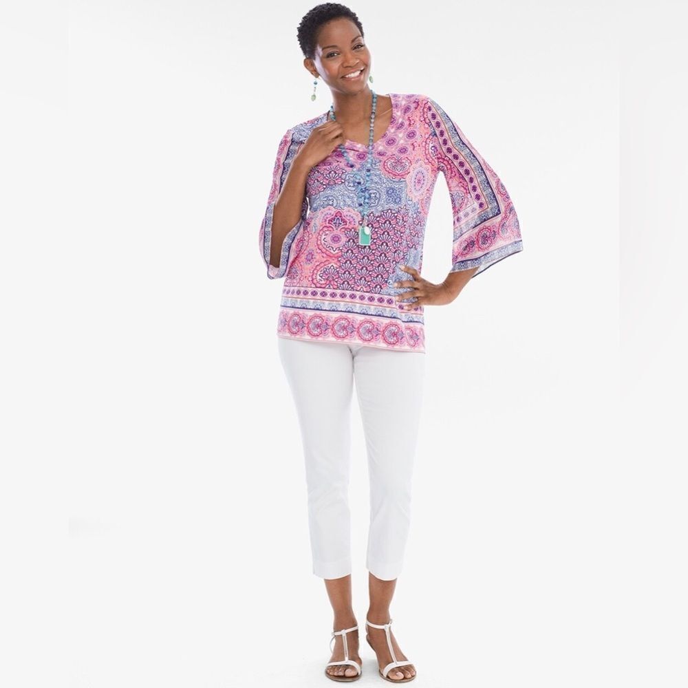 Chico’s 0 Tile Kimono-Sleeve Top V Neck Wide Arm Bohemian